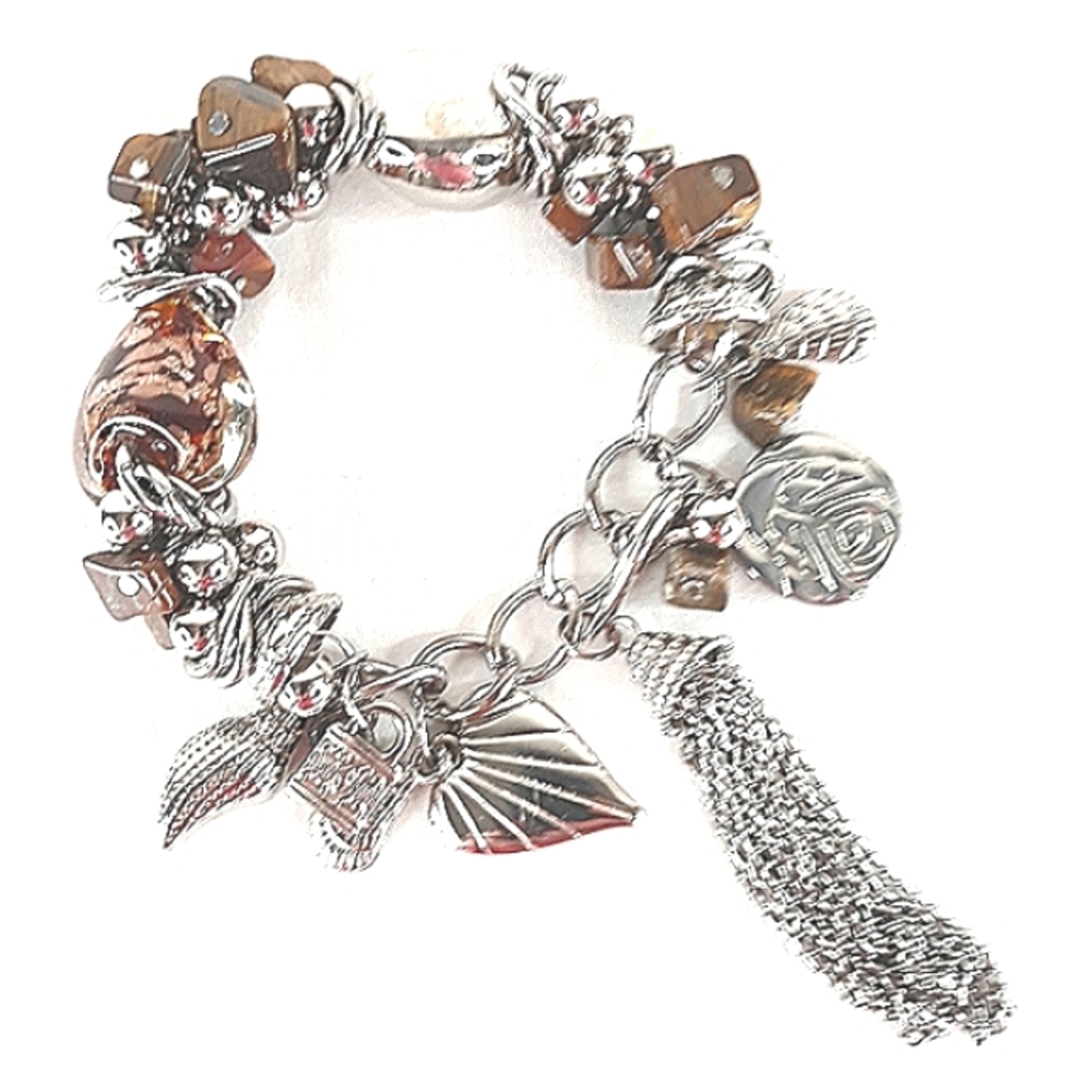 Charm Bracelet Tiger's Eye Large, Packed, Chain, Dangles, Stretch